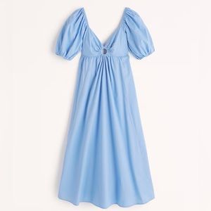 O-Ring Puff Sleeve Midi Dress Blue